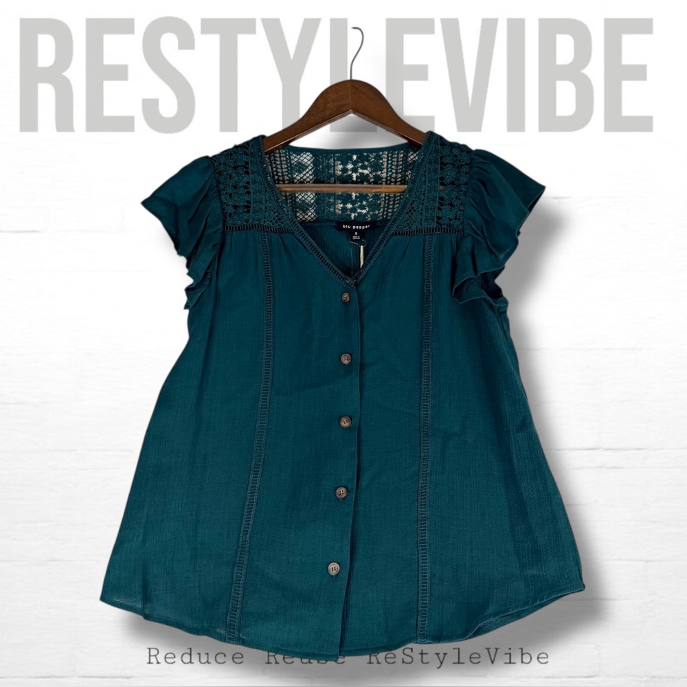 Blu Pepper Teal Crochet Yoke Button-Front Flutter Sleeve Top